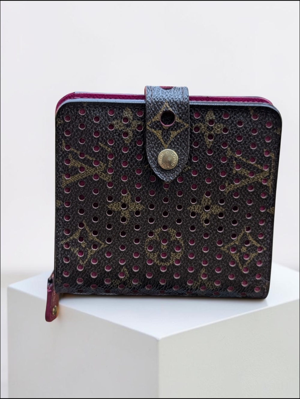 Louis Vuitton Rare 2006 Monogram Perforated Fuchsia Compact Zip Wallet